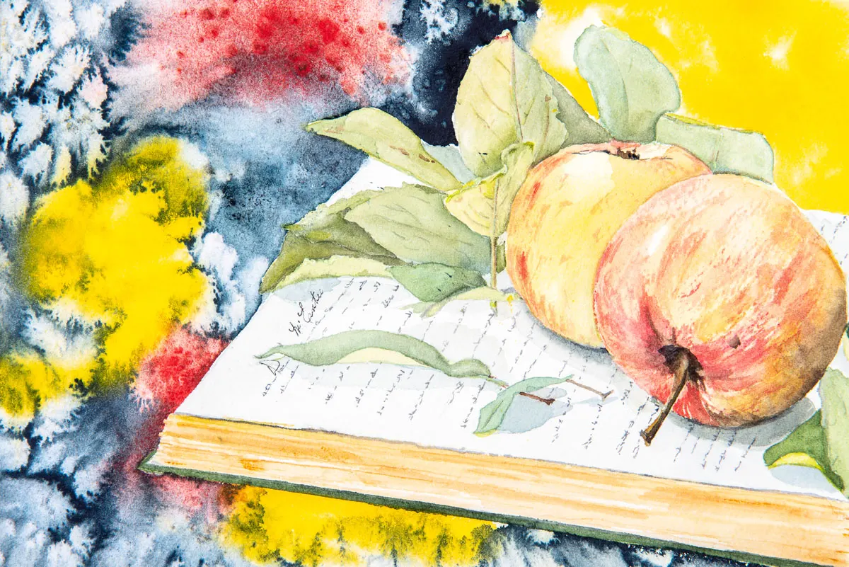 Apples on a Book Watercolour by Diane McEntee Apples on a Book Watercolour by Diane McEntee
